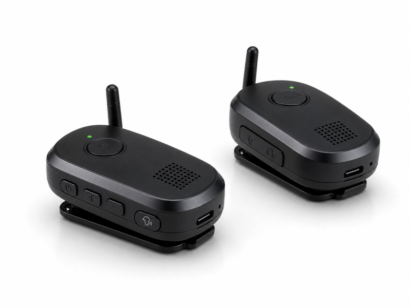 Intercom EventLink Duo cu două unități wireless negre pentru comunicare la evenimente